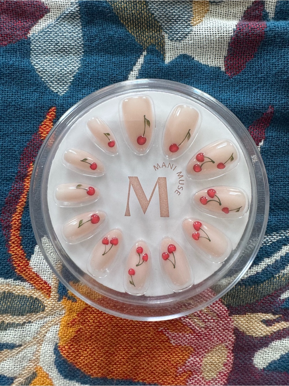 Anthropologie Press-On Nails in Nude with Red Cherry Motif
